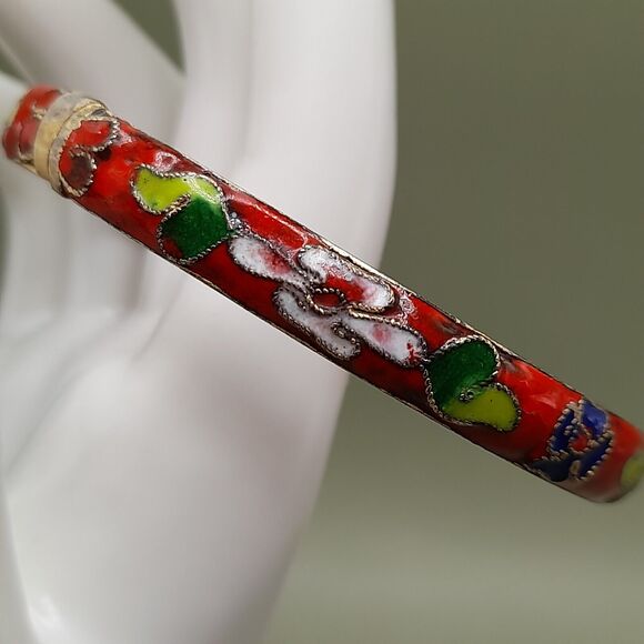 Vintage Asian Gold Trim Red Floral Cloisonné Hinged Bangle Bracelet, 7 1/4 Inch - Picture 4 of 10